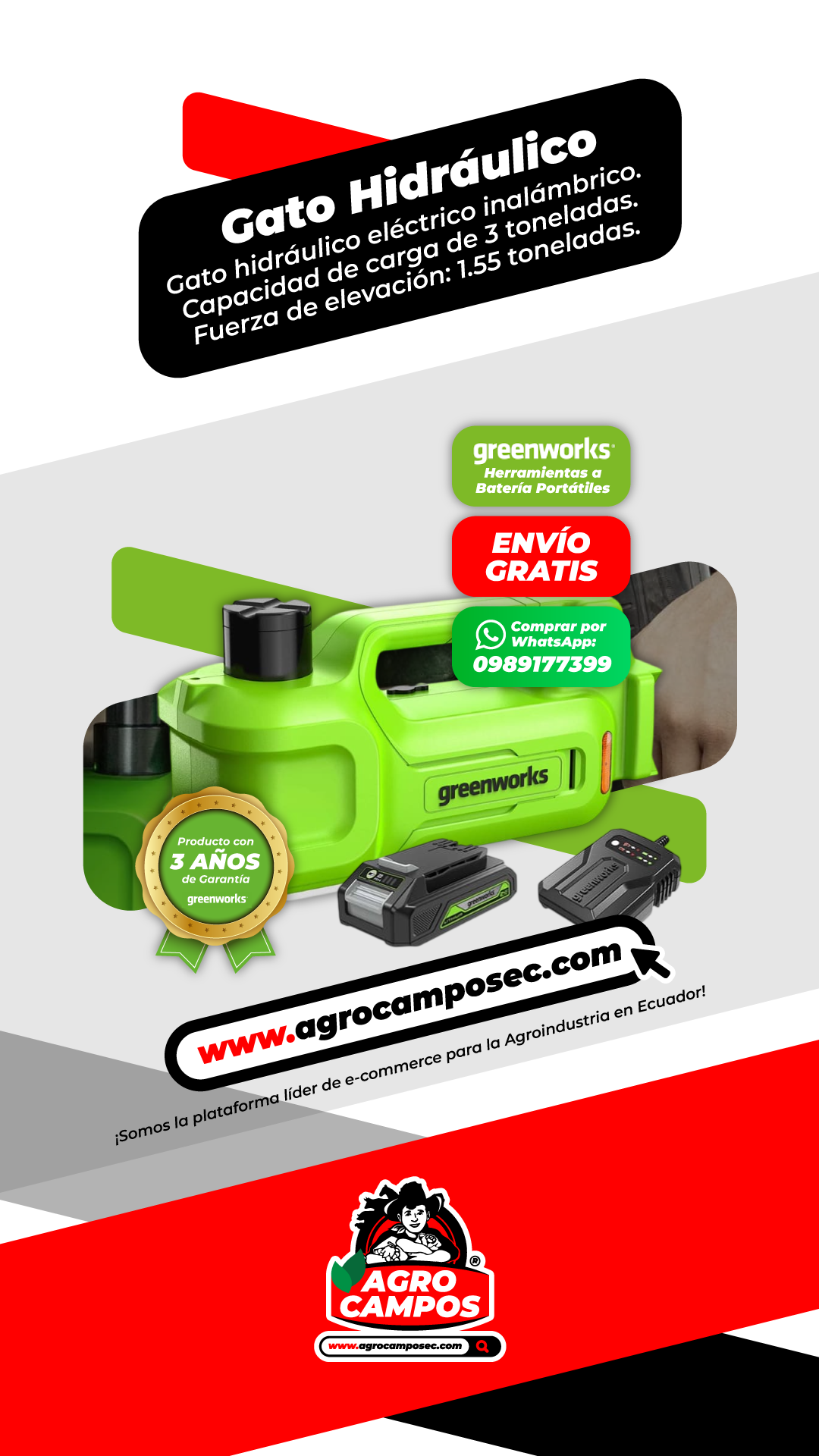 Gato Hidráulico Greenworks de 24 V