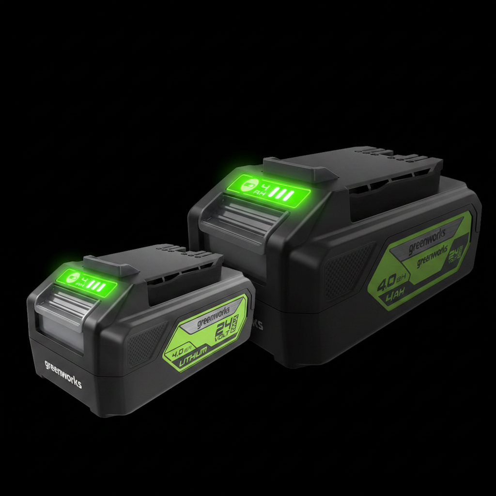 baterias-greenworks-powerall-24v-closeup-indicadores-carga-verdes-fondo-oscuro