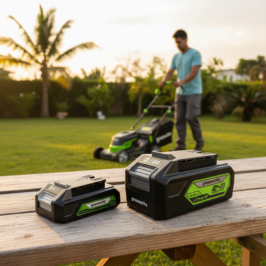 baterias-greenworks-powerall-24v-jardin-atardecer-adulto-cortando-cesped-ecuador