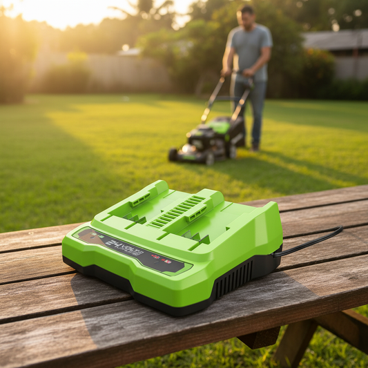 cargador-doble-greenworks-24v-jardin-atardecer-adulto-cortando-cesped-ecuador