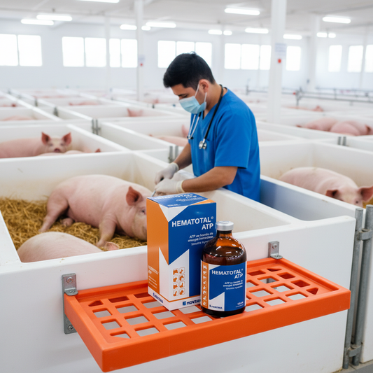 hematotal-atp-cerdo-recuperacion-vet-inyectando-im-cerdo-convaleciente-frasco-caja-estante-naranja