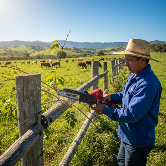sierra-ducati-dhc450s-cerca-ganadera-agricultor-podando-ramas-postes-colinas-ganado-ecuador
