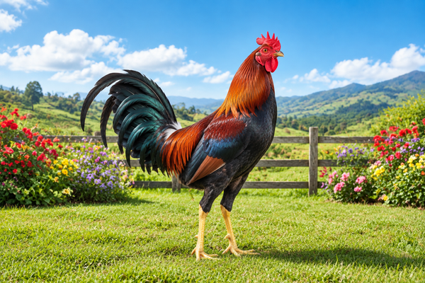 Gallo de pelea en entorno campestre
