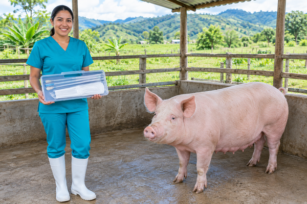 Veterinaria con insumos de inseminación junto a una cerda