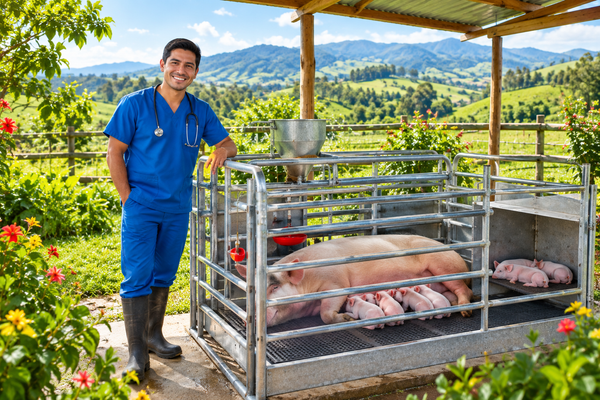 Jaulas de maternidad con veterinario, colores vibrantes y entorno campestre