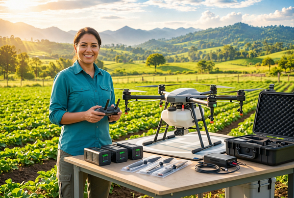 Operadora con dron agrícola y accesorios en el campo