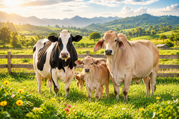 Portada de Productos para Ganado, bovinos en un paisaje campestre luminoso