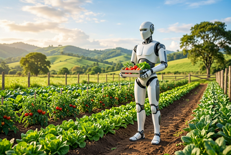 Portada de Robots para el Agro con un robot humanoide en el campo