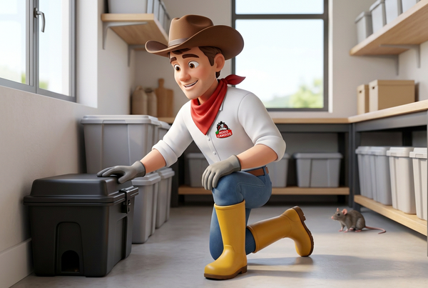 Propuesta para Raticidas en estilo 3D adulto, con el personaje masculino revisando una estación de cebo cerrada y el logo de Agro Campos en la camisa