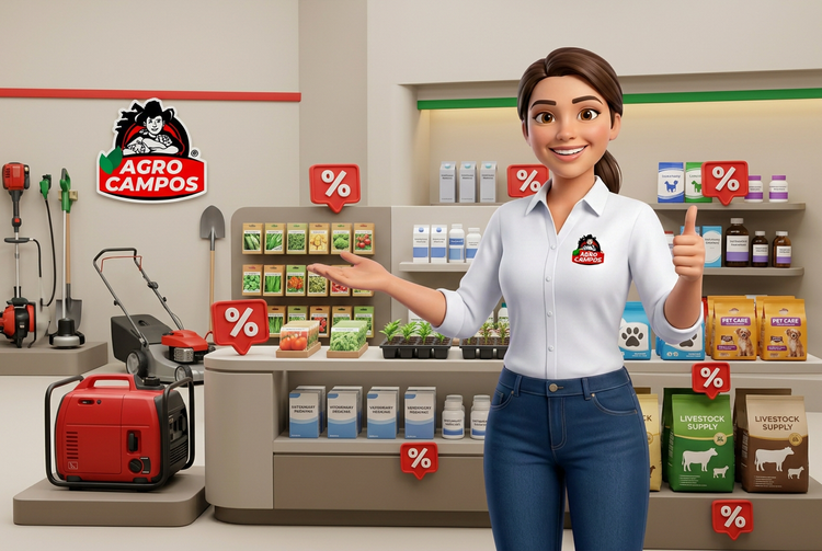 Propuesta para Ofertas con nuestro personaje femenino en estilo 3D adulto y una variedad representativa de maquinaria, agricultura, veterinaria y cuidado de mascotas