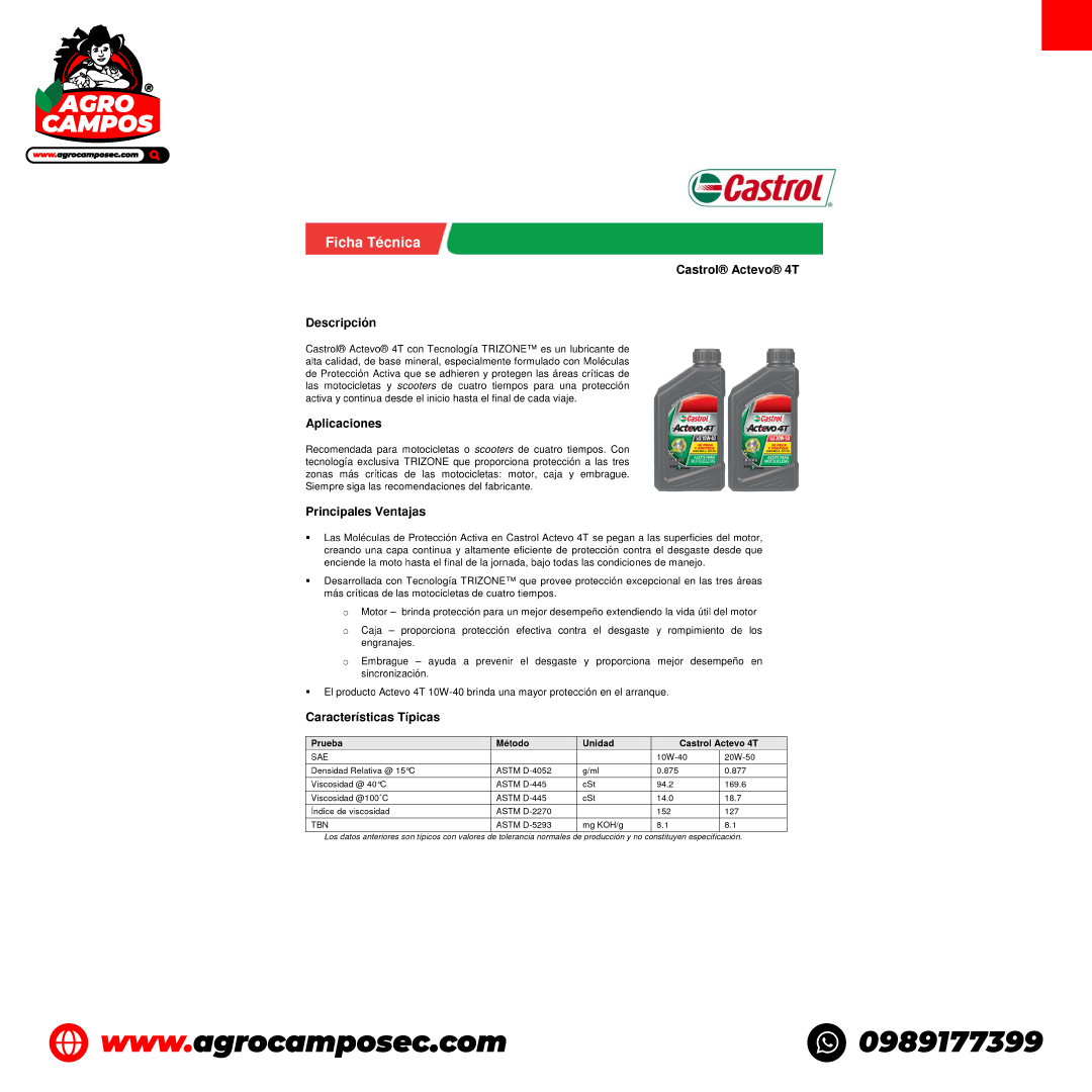 Aceite Castrol Actevo 4T 20W-50