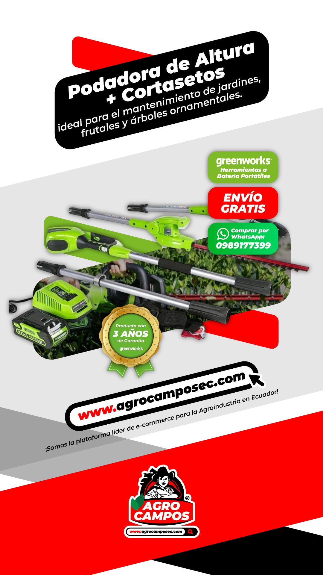 Podadora de Altura + Cortasetos Greenworks 24V