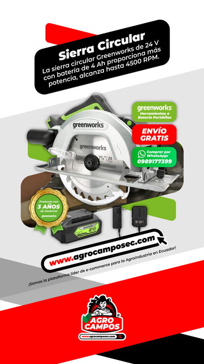 Sierra Circular Inalámbrica Greenworks 24V