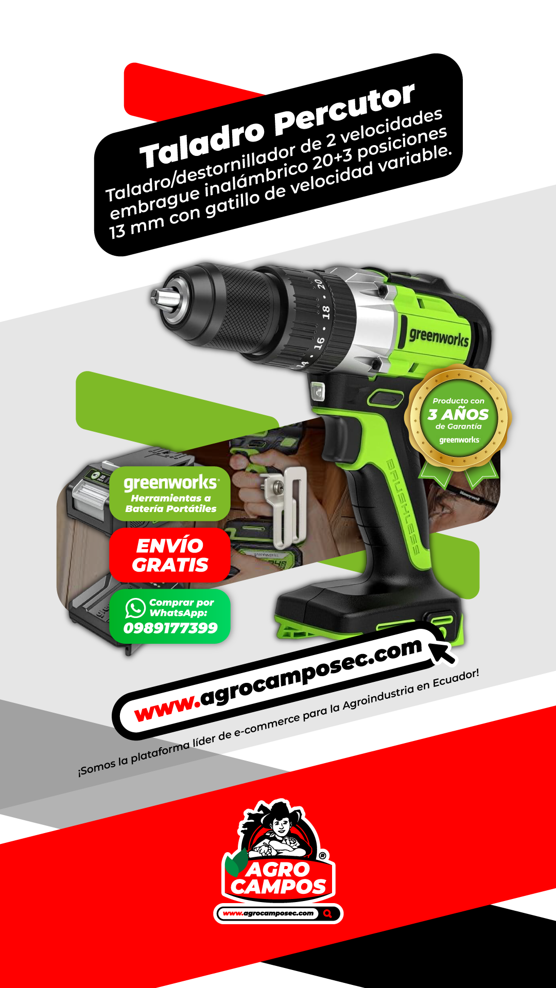 Taladro Percutor Greenworks 24V