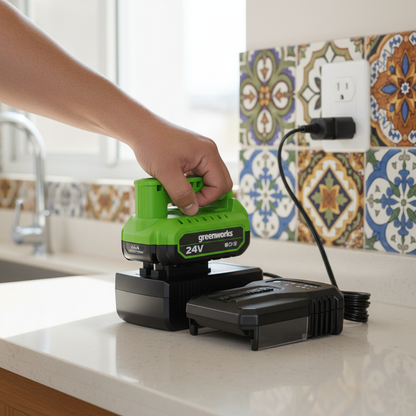 adaptador-cargador-greenworks-24v-cocina-adulto-insertando-bateria-verde-ecuador