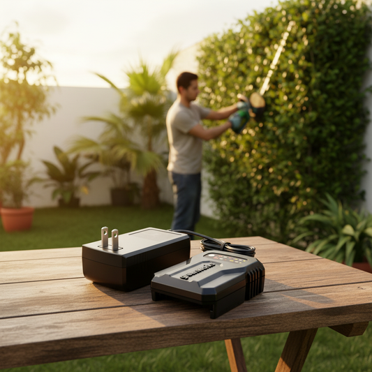 adaptador-cargador-greenworks-24v-jardin-atardecer-adulto-podando-setos-ecuador