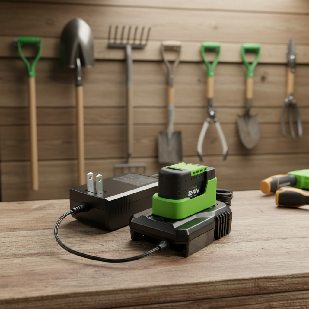 adaptador-cargador-greenworks-24v-taller-bateria-cargando-herramientas-ecuador