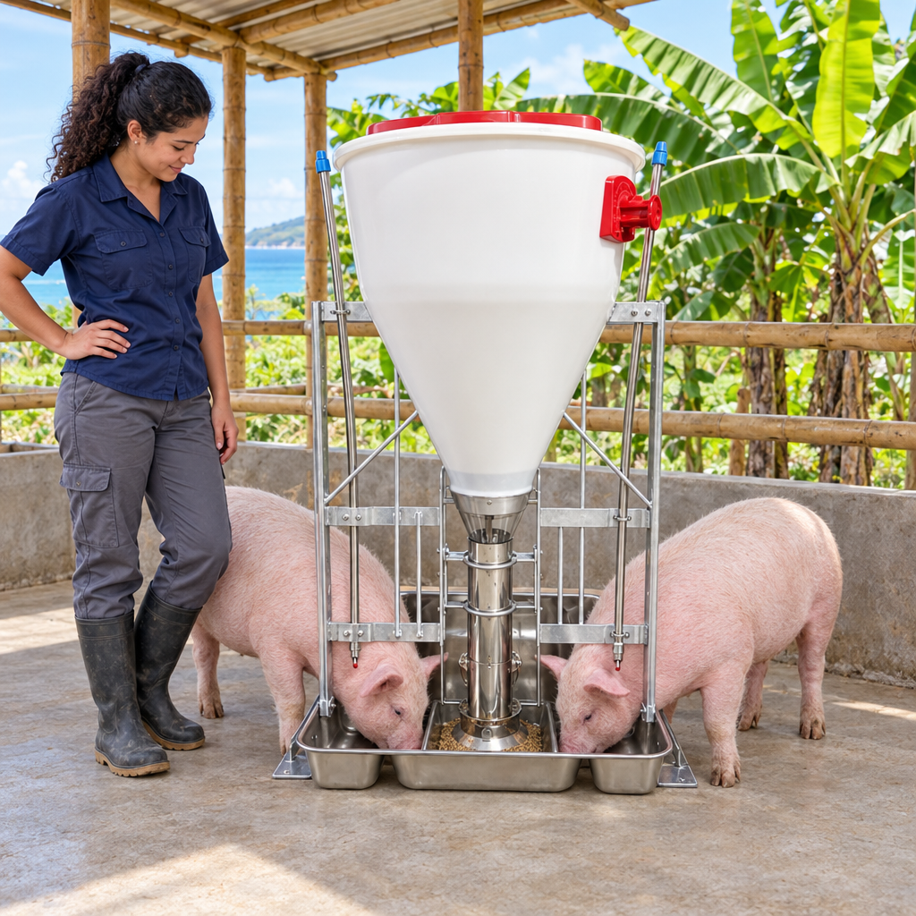 Alimentación en instalación de bambú junto a un bananal