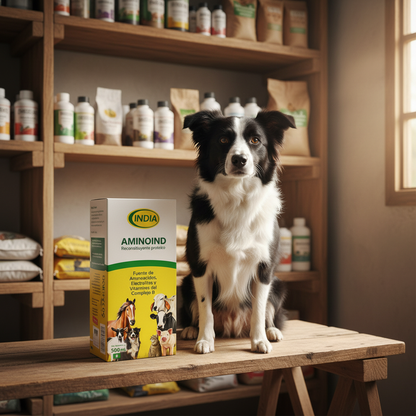aminoind-reconstituyente-proteico-bodega-finca-caja-estante-border-collie-sano-mirando-camara-ecuador