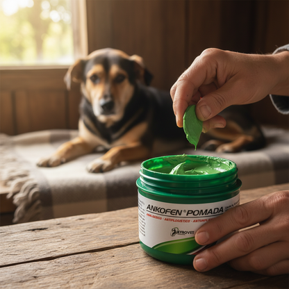 ankofen-pomada-closeup-manos-sacando-pomada-perro-pata-inflamada crema