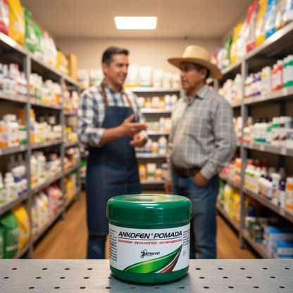 ankofen-pomada-tienda-agroveterinaria-estante-metalico-vendedor-recomendando crema