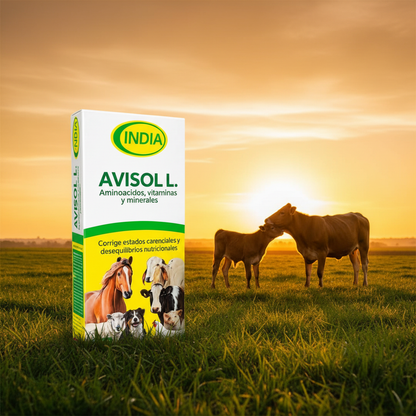 avisol-l-aminoacidos-atardecer-potrero-caja-pasto-verde-vaca-ternero-juntos-cielo-naranja-ecuador