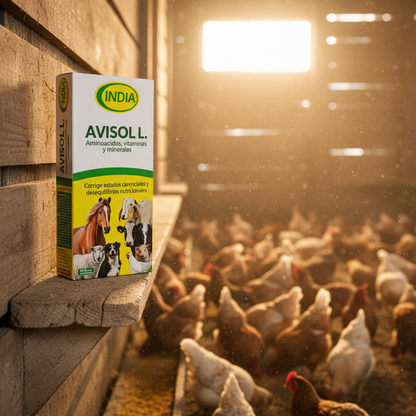 avisol-l-aminoacidos-gallinero-caja-estante-pollos-saludables-alimentandose-ecuador