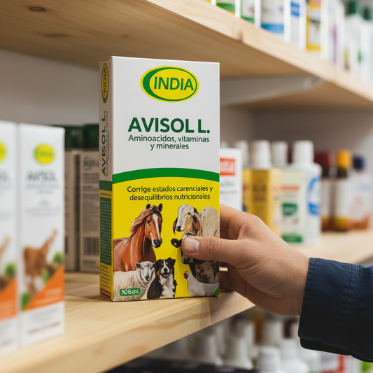 avisol-l-aminoacidos-tienda-agroveterinaria-caja-producto-estrella-estante-mano-agricultor-ecuador