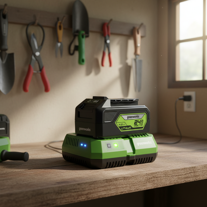 bateria-greenworks-usb-24v-taller-cargando-cargador-doble-verde-ecuador