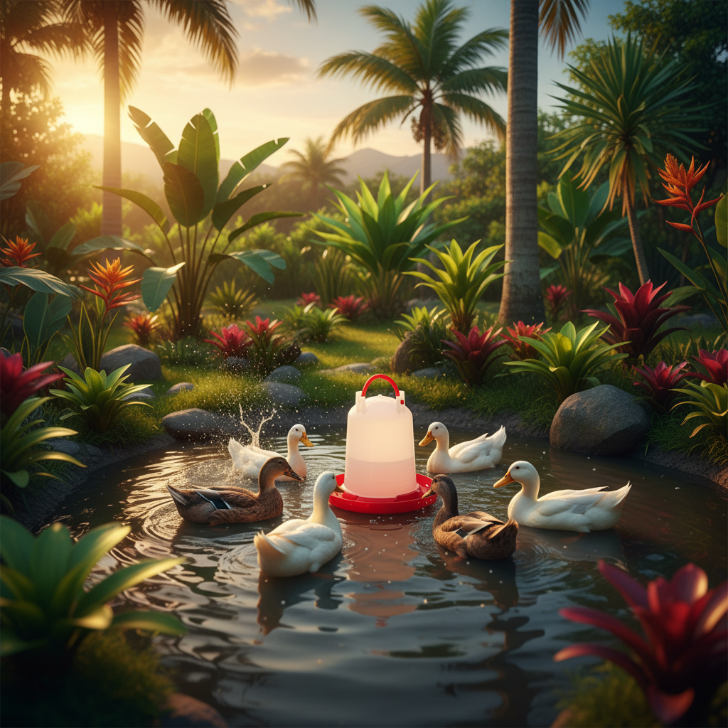 bebedero-plastico-aves-patos-jardin-tropical-atardecer-ecuador