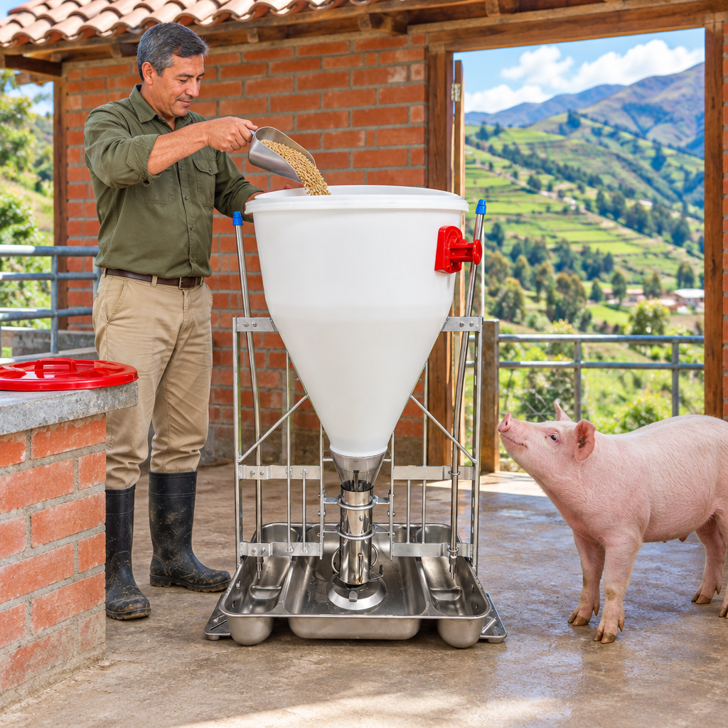 Carga de alimento en granja andina de ladrillo