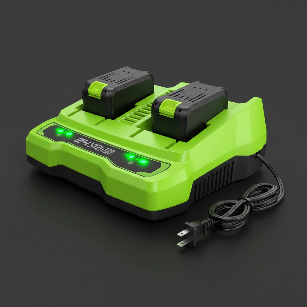 cargador-doble-greenworks-24v-closeup-leds-verdes-brillando-carga