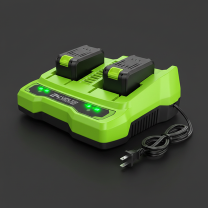 cargador-doble-greenworks-24v-closeup-leds-verdes-brillando-carga