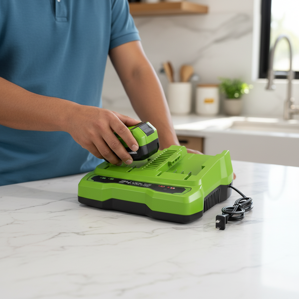 cargador-doble-greenworks-24v-cocina-adulto-insertando-bateria-ecuador