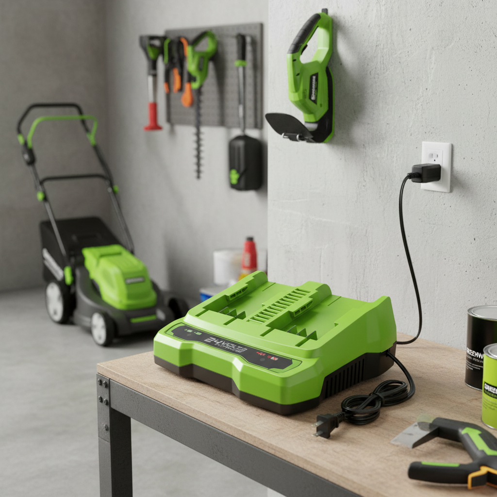 cargador-doble-greenworks-24v-garaje-enchufado-cortadora-podadora-ecuador