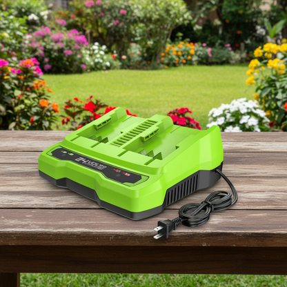 cargador-doble-greenworks-24v-jardin-mesa-rustica-cesped-flores-ecuador