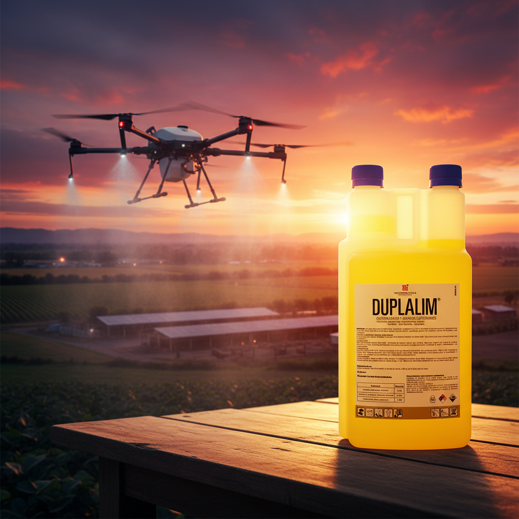 duplalim-desinfectante-dron-agricola-botella-primer-plano-dron-fumigando-granja-atardecer-ecuador