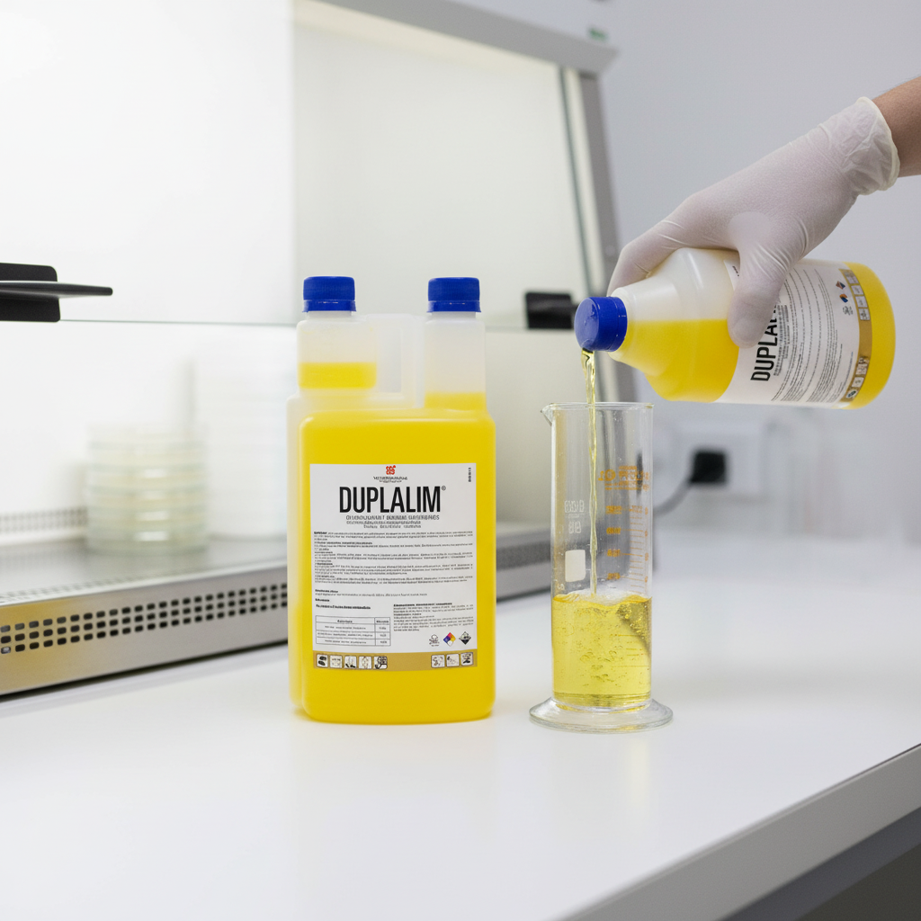 duplalim-desinfectante-laboratorio-botella-meson-blanco-cientifico-midiendo-concentrado-cilindro