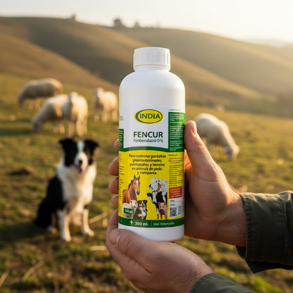 fencur-antiparasitario-mano-ganadero-botella-border-collie-rebano-ovejas-ecuador