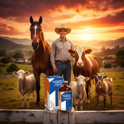 glucosan-complex-4-especies-recuperadas-vaca-caballo-oveja-cabra-vitales-brillantes-frasco-poste-atardecer