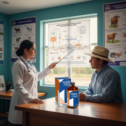 glucosan-complex-clinica-vet-explicando-protocolo-iv-lento-ganadero-diagrama-frasco-caja-escritorio