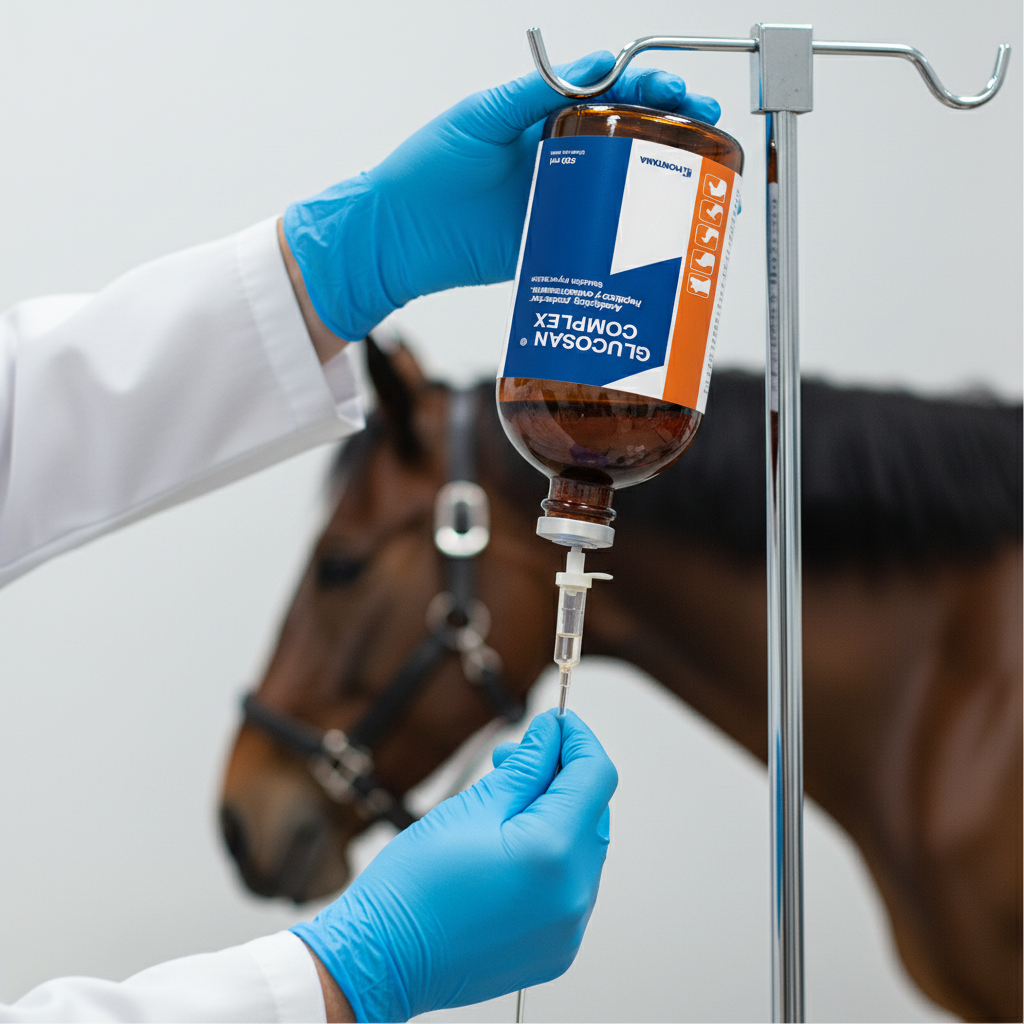 glucosan-complex-closeup-iv-manos-instalando-goteo-iv-lento-botella-500ml-invertida-soporte-caballo-fondo
