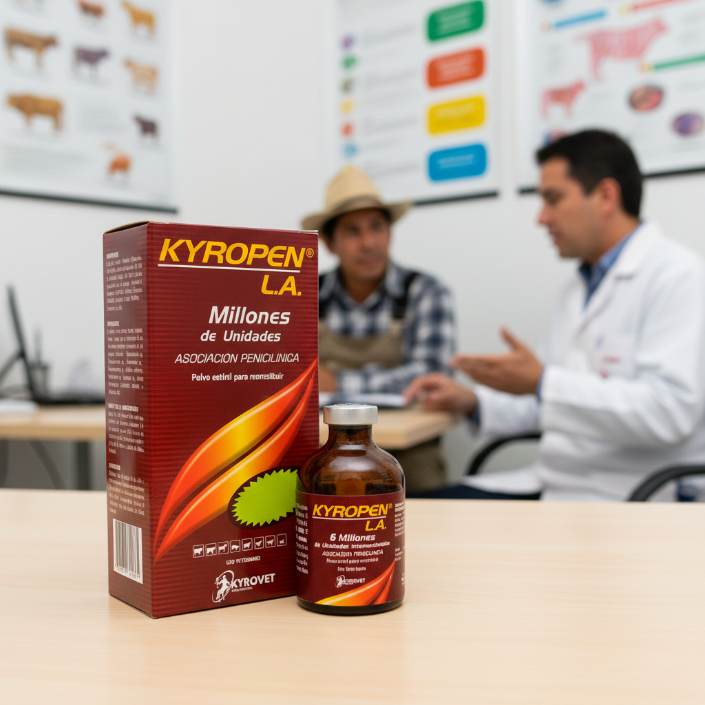 kyropen-la-clinica-caja-frasco-escritorio-vet-explicando-tratamiento