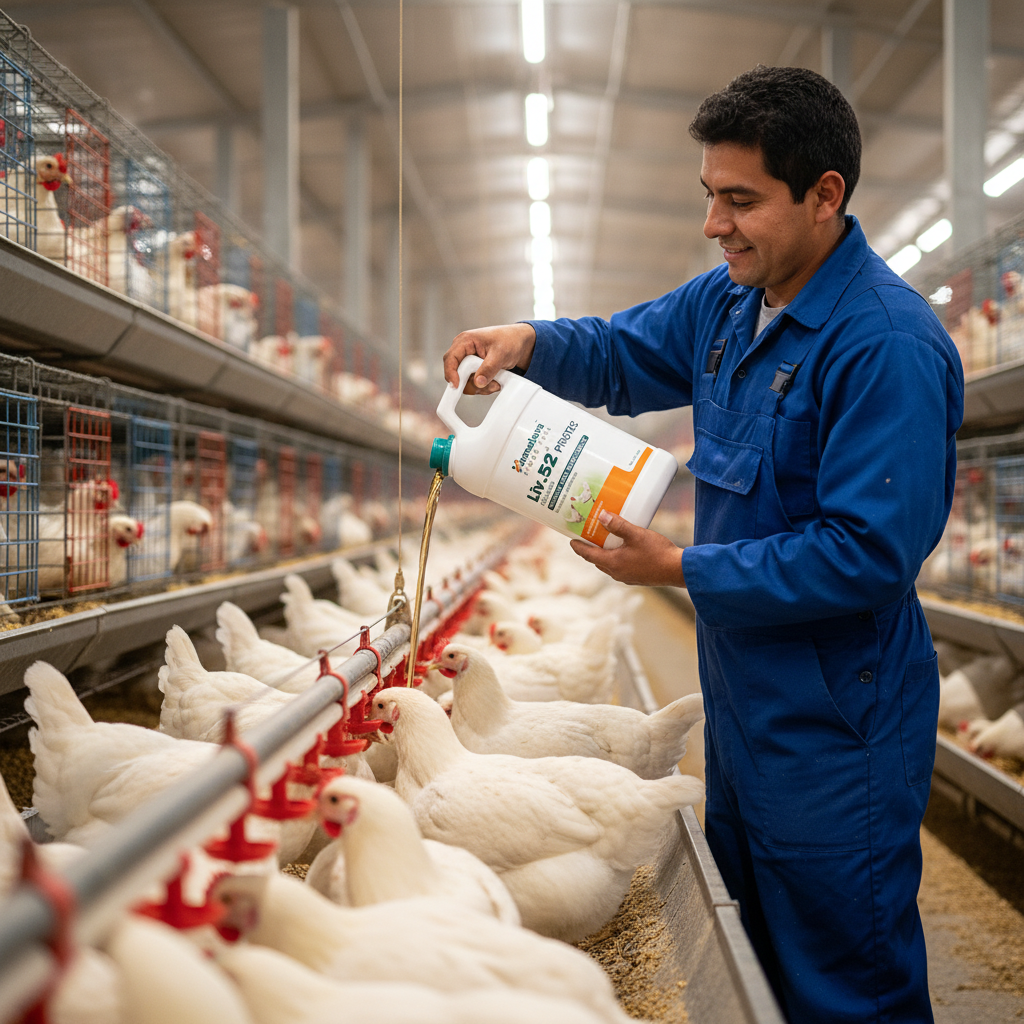 liv-52-protec-hepatoprotector-bebedero-automatico-granjero-vertiendo-suplemento-gallinas-bebiendo-ecuador