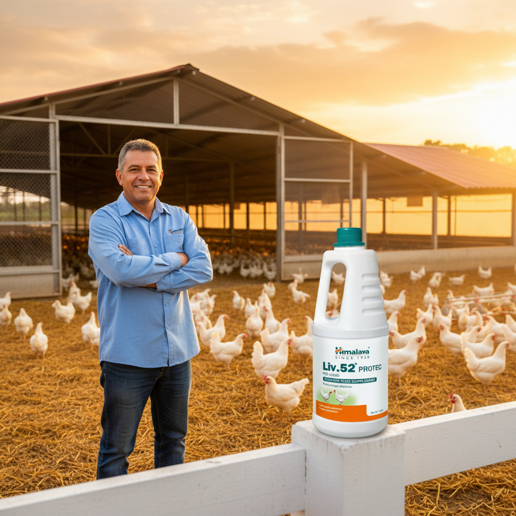 liv-52-protec-hepatoprotector-granjero-orgulloso-avicultor-satisfecho-entrada-galpon-botella-poste-atardecer