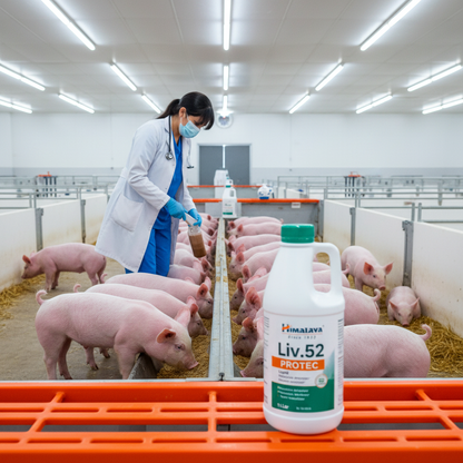 liv-52-protec-lechones-vet-mezclando-suplemento-comedero-lechones-comiendo-estante-naranja-ecuador