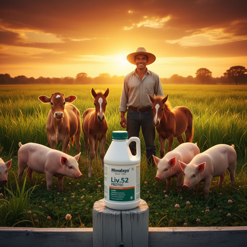 liv-52-protec-tres-juntos-ternero-potro-lechones-sanos-granjero-orgulloso-botella-poste-atardecer-ecuador