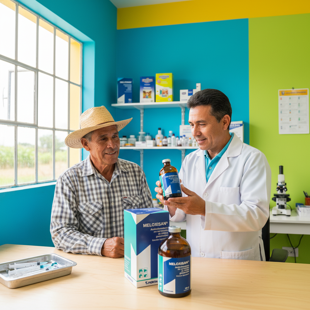 meloxisan-analgesico-antiinflamatorio-clinica-colorida-vet-sonriente-explicando-ultima-generacion-ganadero