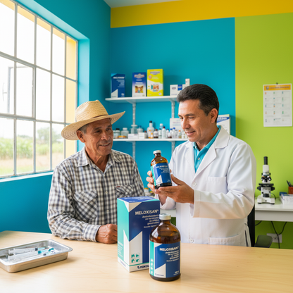 meloxisan-analgesico-antiinflamatorio-clinica-colorida-vet-sonriente-explicando-ultima-generacion-ganadero