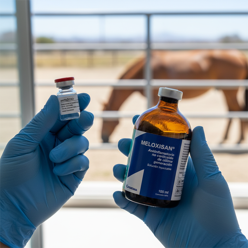meloxisan-analgesico-antiinflamatorio-doble-tratamiento-manos-sosteniendo-antibiotico-meloxisan-caballo